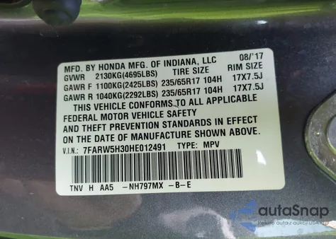 2017 Honda Cr-V Lx из США, поврежденный, VIN 7FARW5H30HE012491